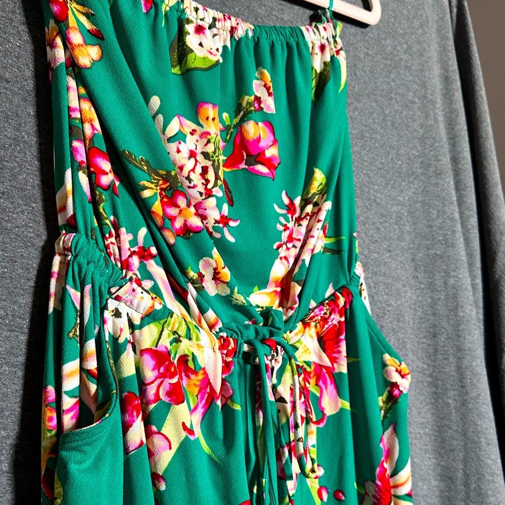 Green Floral EXPRESS sleeveless jumpsuit with pockets and cinched waist